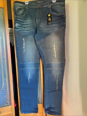 LV Premium Slim Straight Distressed Blue Moto Jeans